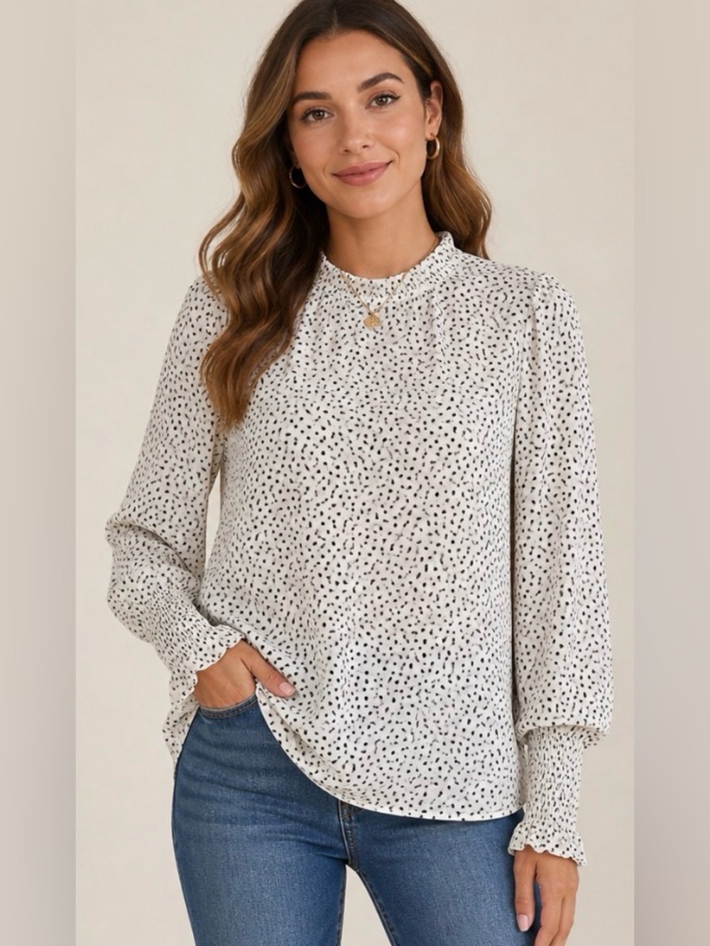 Maison d’Amélie Paris Polka Dot Blouse Small Sheer Smocked Sleeve Ruffle Neck